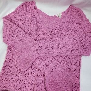 J Jill Women's Pink Open Weave Knit Fairy Bohemian Pullover L/S Sweater Medium